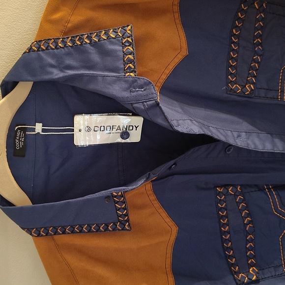 NWT Coofandy XL men's western cowboy country vaquero blue camel dress shirt - Picture 4 of 7